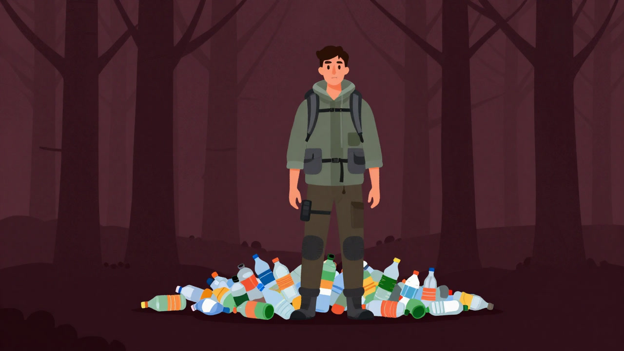 自然を謳歌する風をまといながら、足元に捨てられたプラスチックボトルの山を無視する旅行者のイラスト