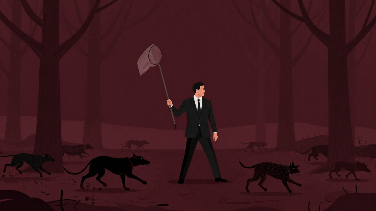 Illustration of an economist in a suit wielding a butterfly net in a warming forest