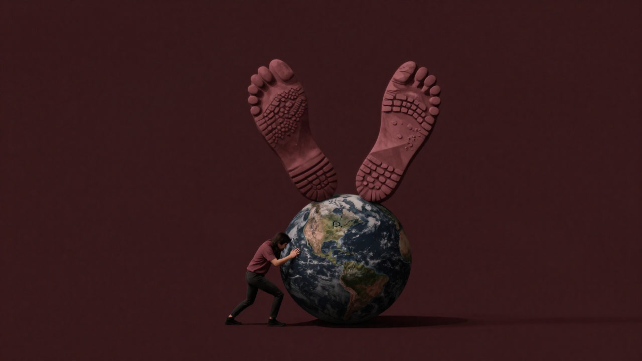 Personified earth in agony, carrying a massive footprint on its back