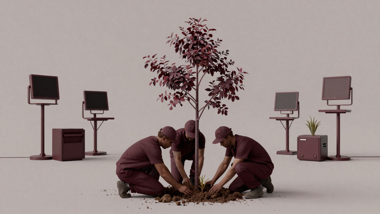 A scene of volunteers planting seedlings by hand and wiping sweat, with monitoring devices neatly lined up in the shadows
