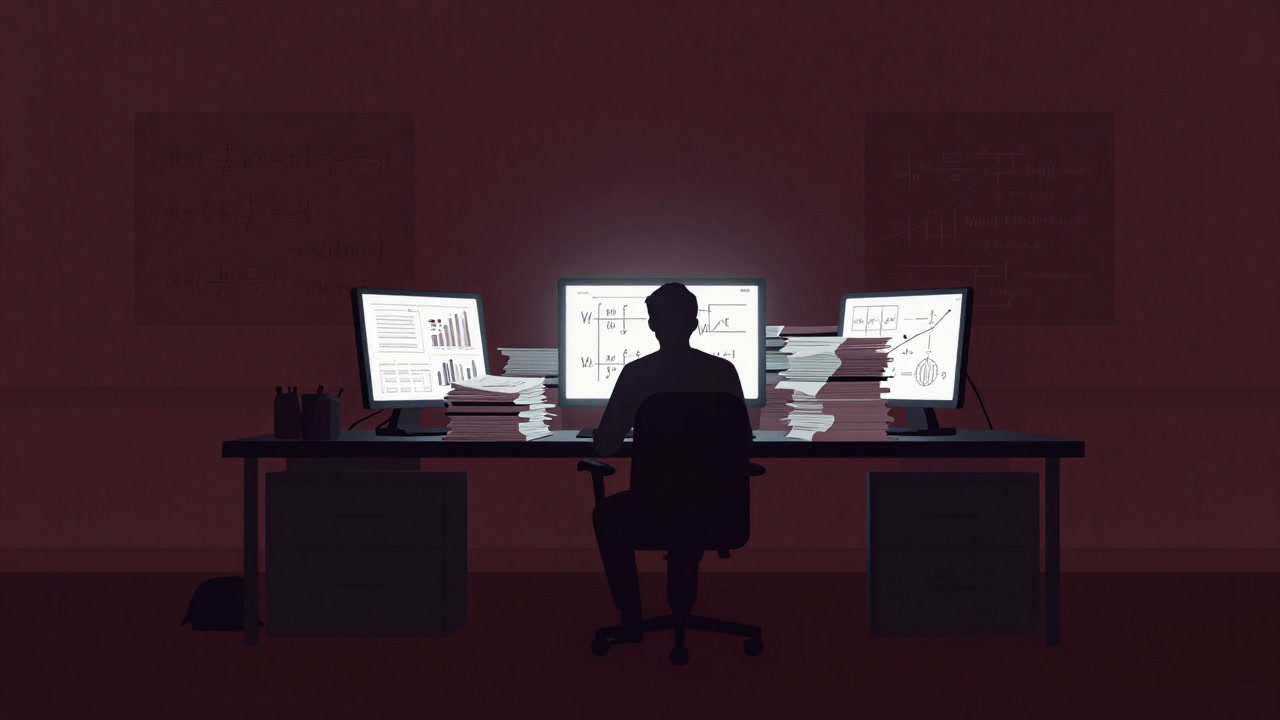 研究室の机に散乱する数式とグラフに埋もれた研究者のシルエット。