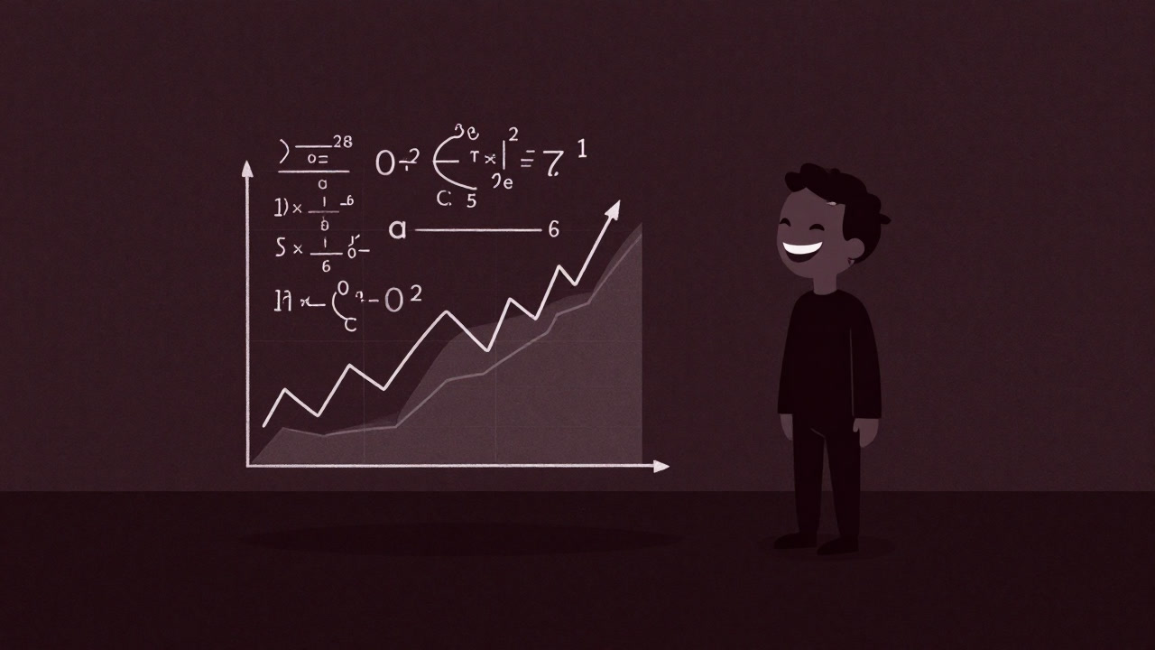 An eerie figure of an indicator laughing while floating amidst countless graphs and formulas.
