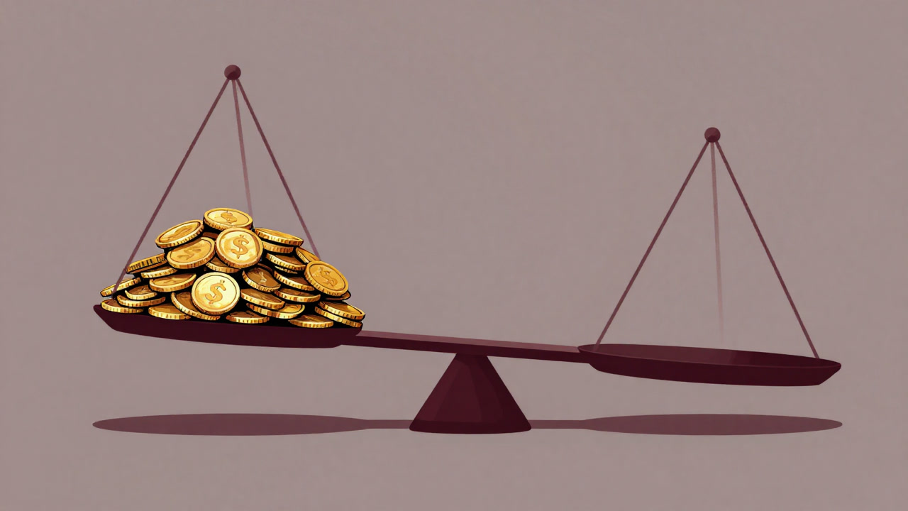 Illustration of a scale tipped heavily on one side with piles of gold coins representing inequality between wealth and poverty.