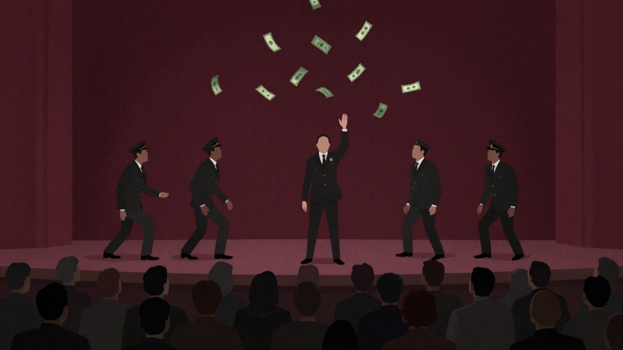 政府役人が金を撒いているステージで歓声する観客のイラスト