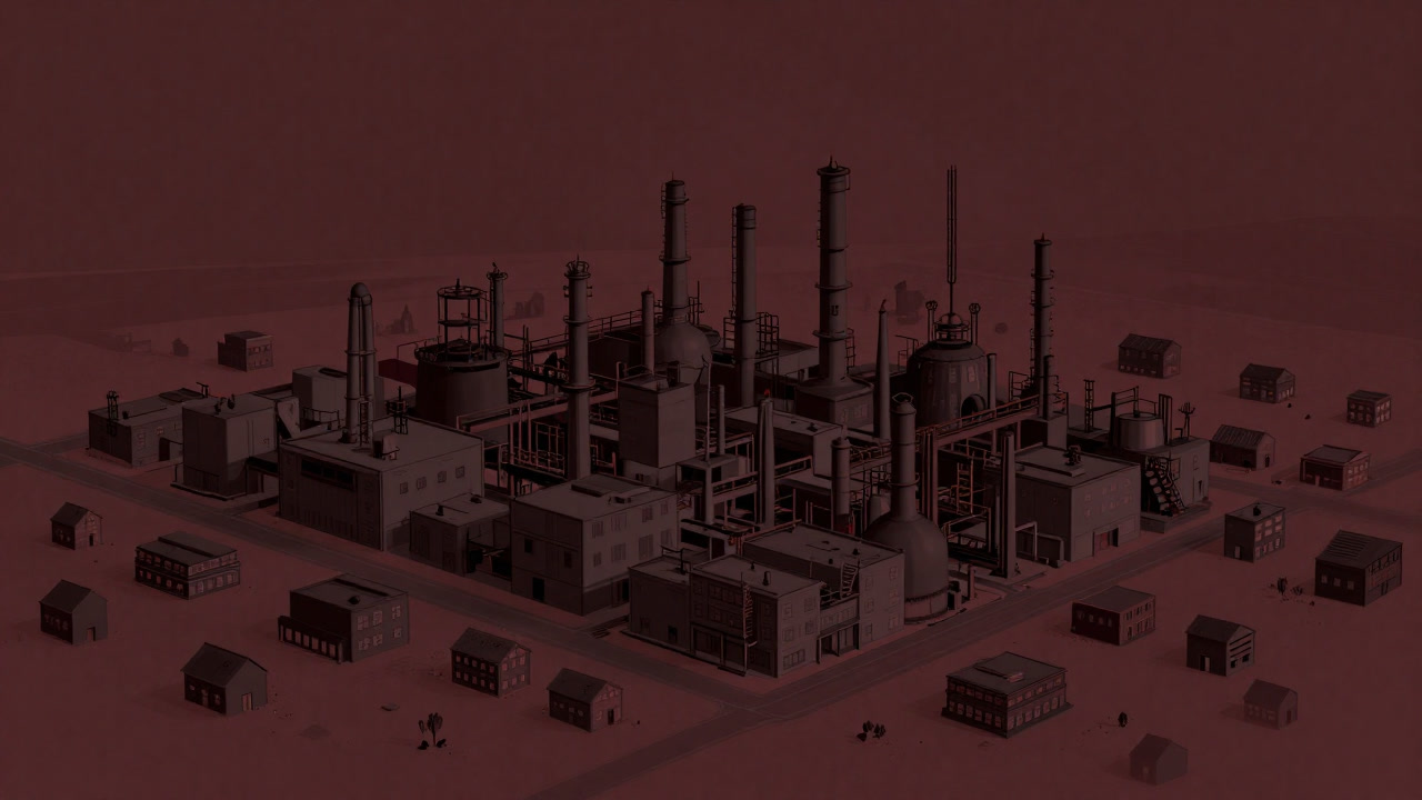 巨大な工場施設が延々と続き、背景で小さな会社が踏みつぶされているイラスト