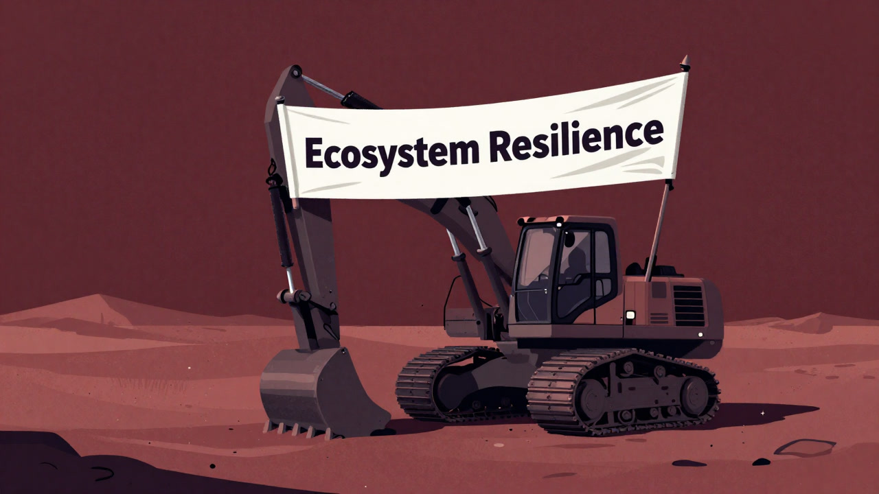 Illustration of a barren landscape with heavy machinery holding a sign reading “Ecosystem Resilience.”