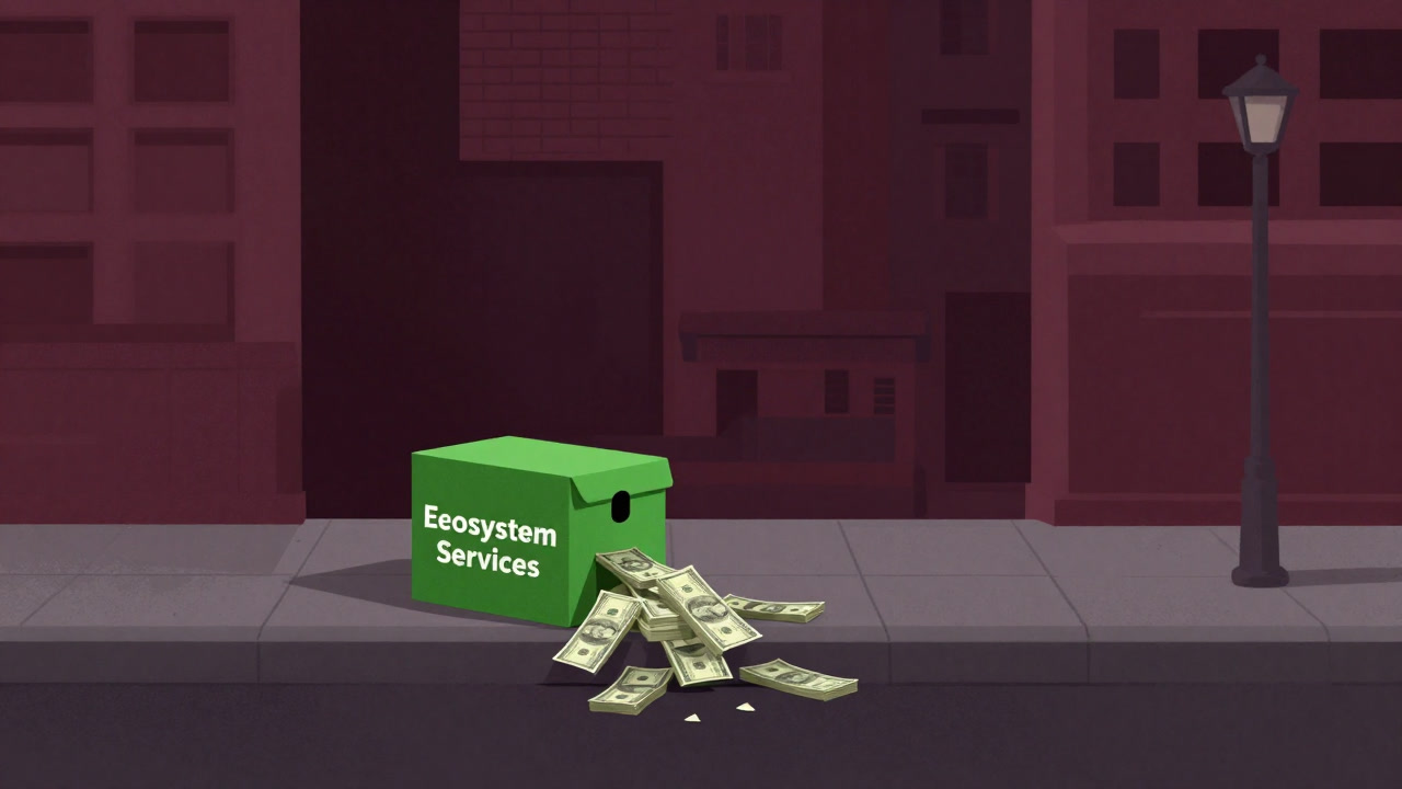 都市の喧騒を背に、緑の小箱からドル札がこぼれ落ちるイメージ