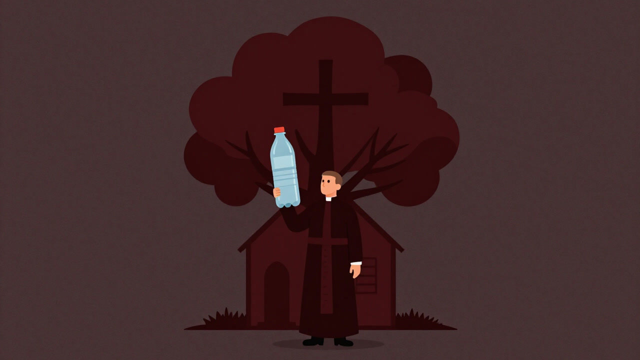 樹木の形をした礼拝堂の前に立つ聖職者が、プラスチックボトルの十字架を掲げるイラスト