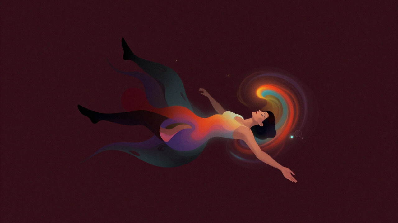 An image of a figure enveloped in abstract colors, swimming the boundary between heaven and earth, embodying ecstasy