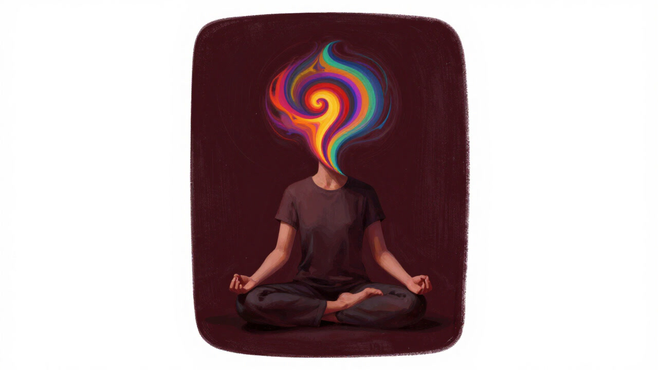 A person meditating with colorful swirls above their head representing mind expansion.