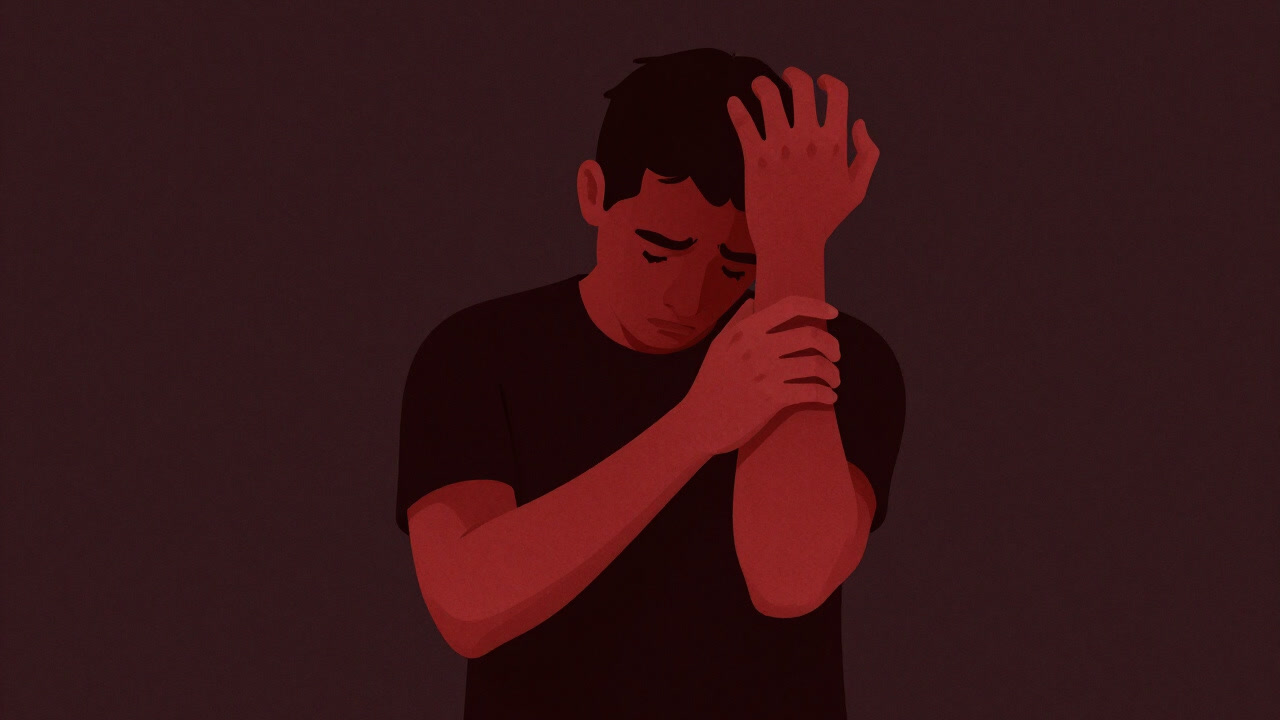 炎症と赤みを帯びた肌を不安げに見つめる人物のイラスト