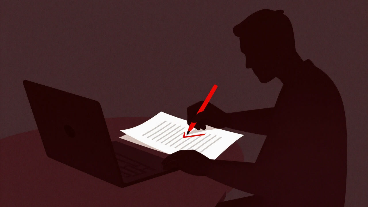 Illustration of a shadowed figure marking red edits on a manuscript