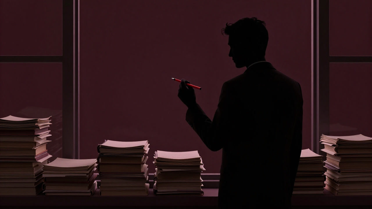 Silhouette of an editor holding a red pen, standing by a window filled with stacks of manuscripts