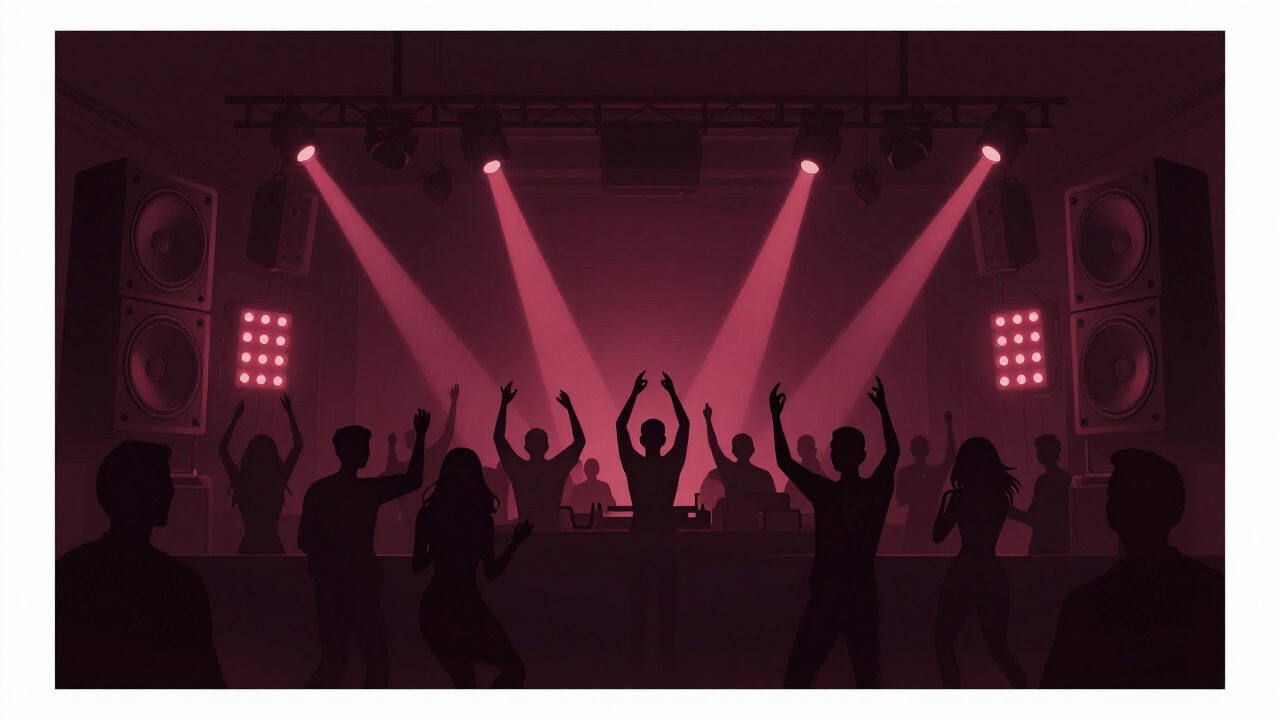 暗闇のクラブフロアで、無数のLEDライトとスピーカーの前で踊る観客たちのシルエット