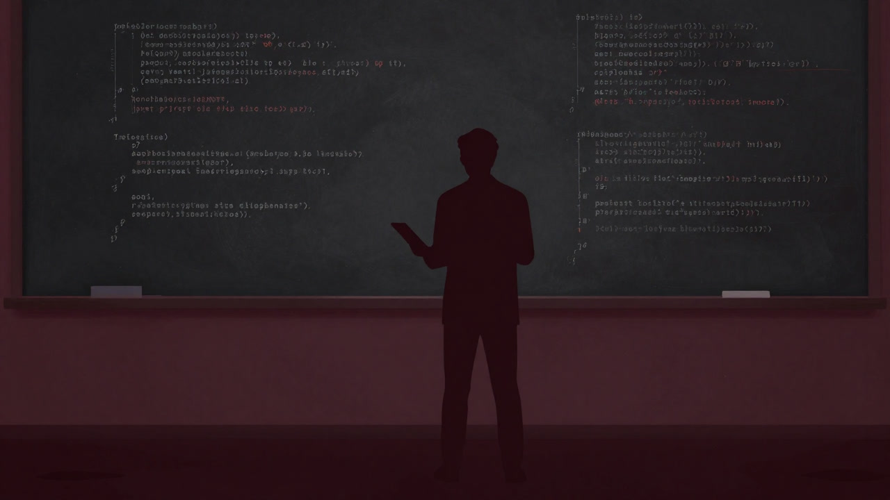 A silhouette of a teacher standing in a dimly lit classroom before a chalkboard overlaid with floating lines of code, looking bewildered holding a tablet.