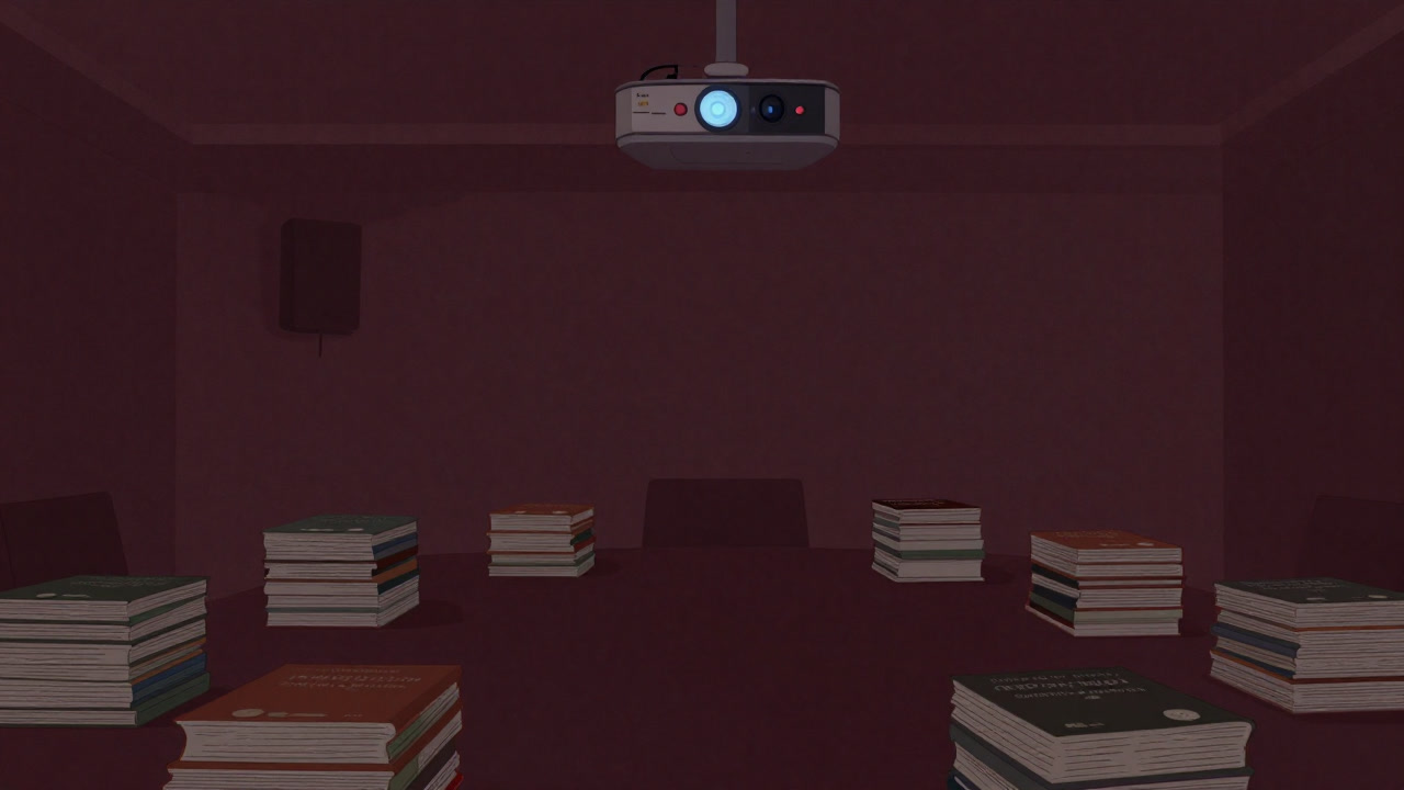 教室の前に積まれた分厚い教員向けマニュアルと電子プロジェクターの画像