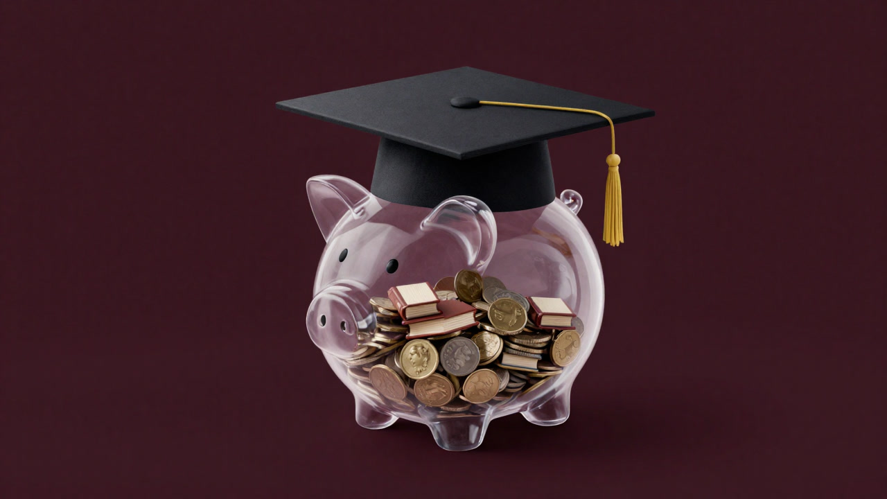 A glass piggy bank being filled with book-shaped coins