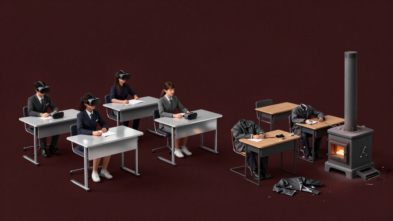 富裕層と貧困層の子どもが並ぶ教室が、半分はハイテク、半分は廃墟のように描かれたイラスト