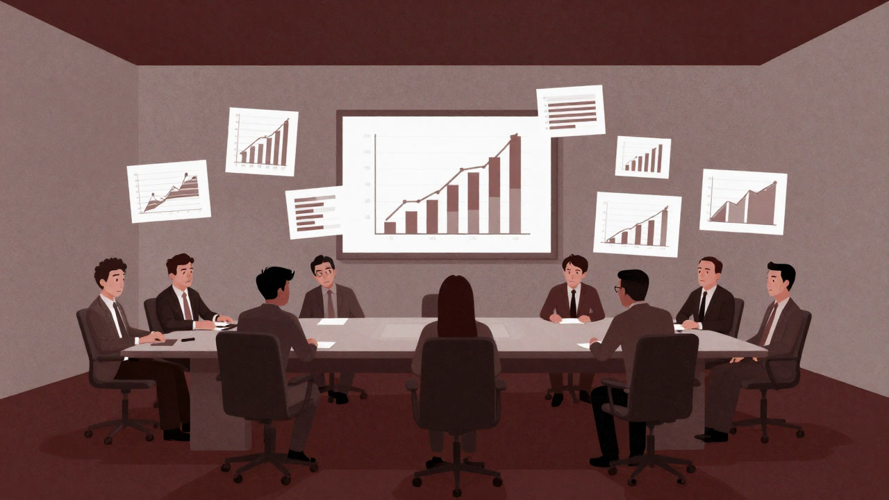 Illustration of bored employees frowning under hollow charts floating around a conference room