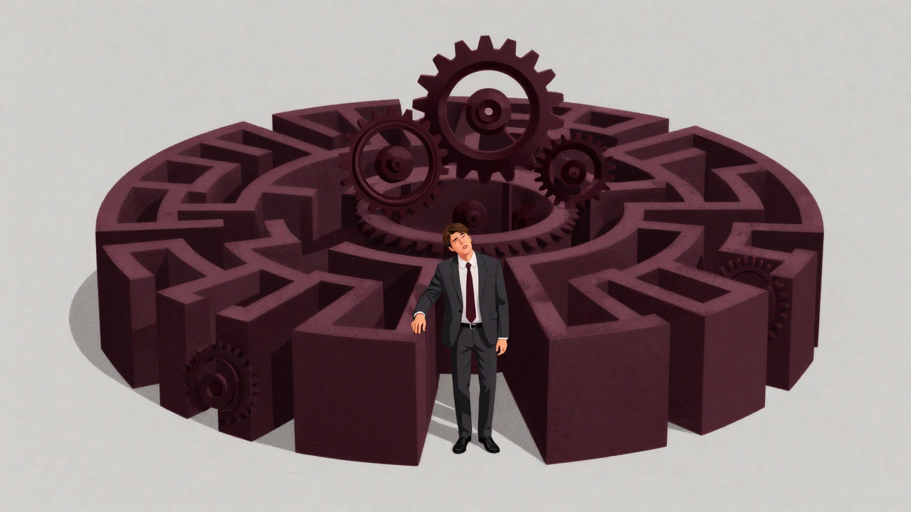 Illustration of a weary businessman trapped in a maze of endlessly spinning gears