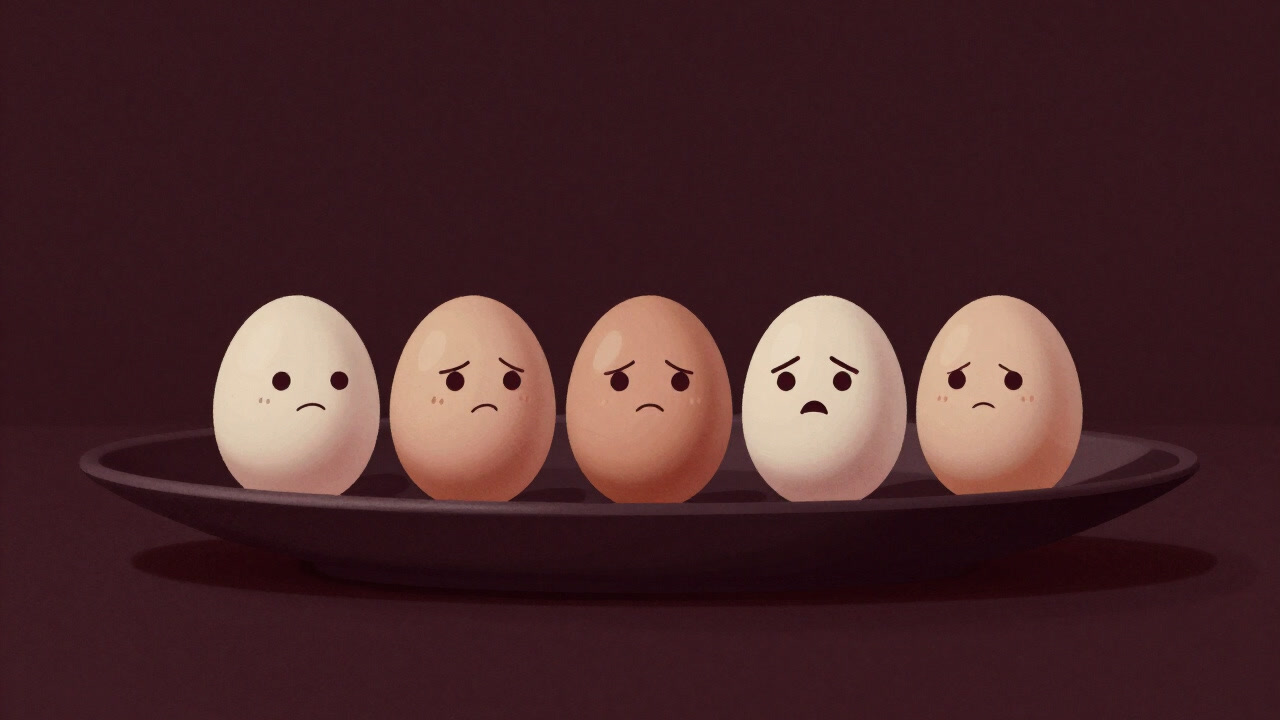 Eggs anxiously lined on a flat plate, each shell appearing to bear its own expression.