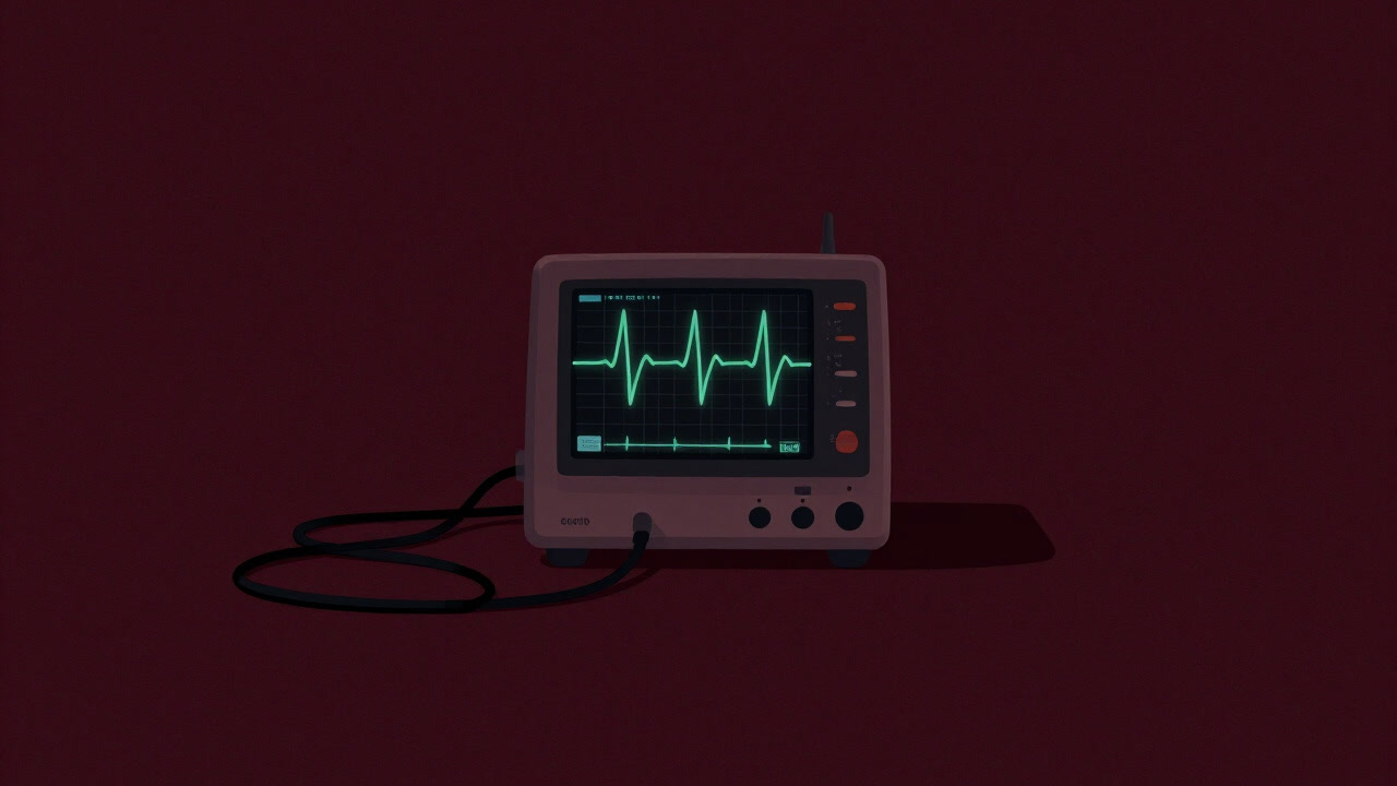 病院の暗い検査室で、ケーブルに囲まれた心電計が淡く波形を映し出す様子