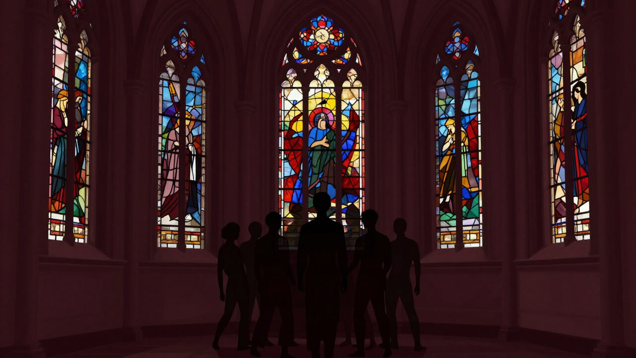 A silhouette of the ecclesial body subtly shifting its form behind stained glass during a ceremony