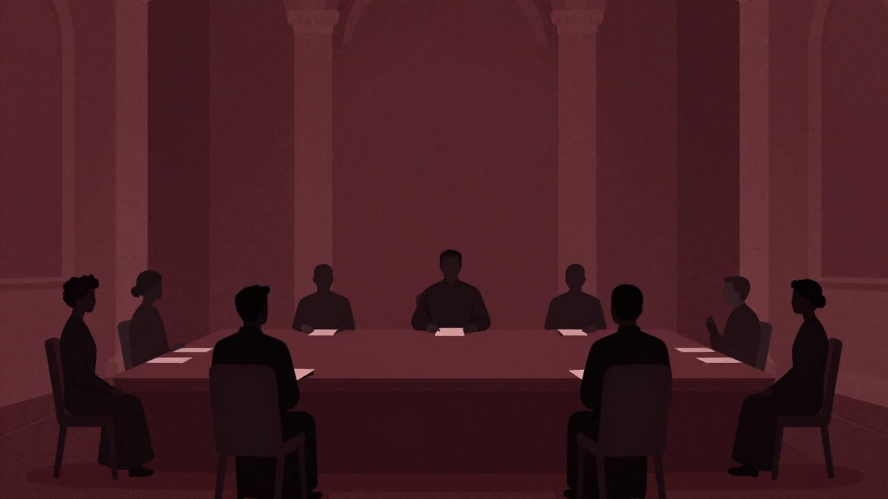 Silhouette of priests and congregants gathered in a conference room styled like an old church sanctuary