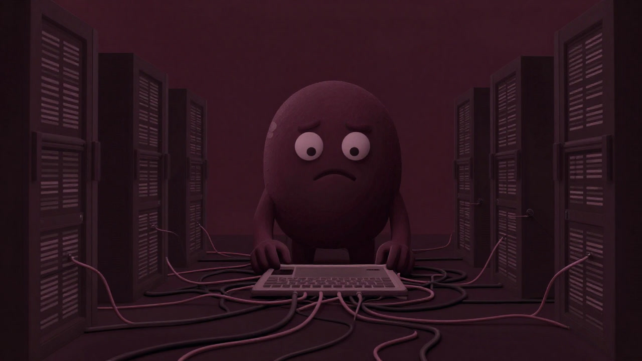 夜のデータセンターで無数のケーブルに囲まれながら、苦悶の表情でログを探すElasticsearchのモンスターのイラスト