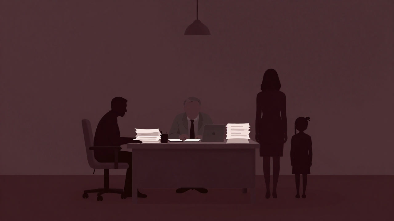 Silhouette of an elder and family overwhelmed by paperwork at a consultation desk