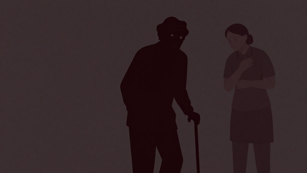 杖を握りしめ、複雑な表情で見つめる高齢者と、背後で困惑する介護士のシルエット。