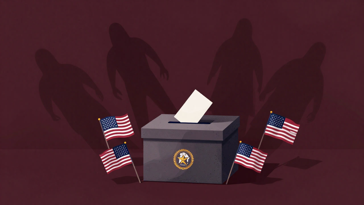 An old-fashioned ballot box surrounded by state flags, with elongated shadows of silent electors