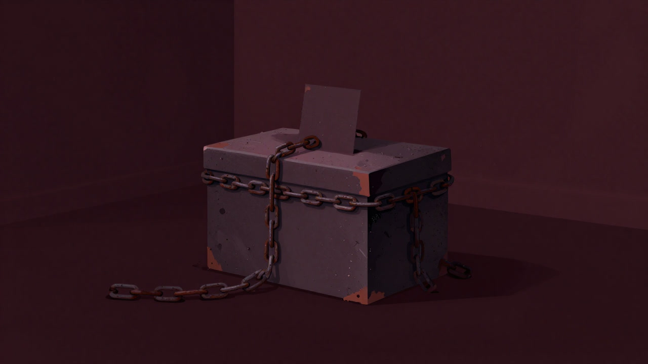 An old ballot box sealed with rusty chains, faintly glowing in darkness