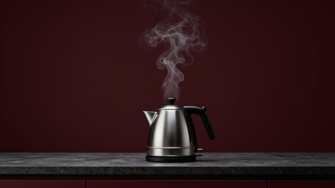 カウンターの上に置かれ、蒸気を上げながら存在感を放つ銀色の電気ケトルの写真
