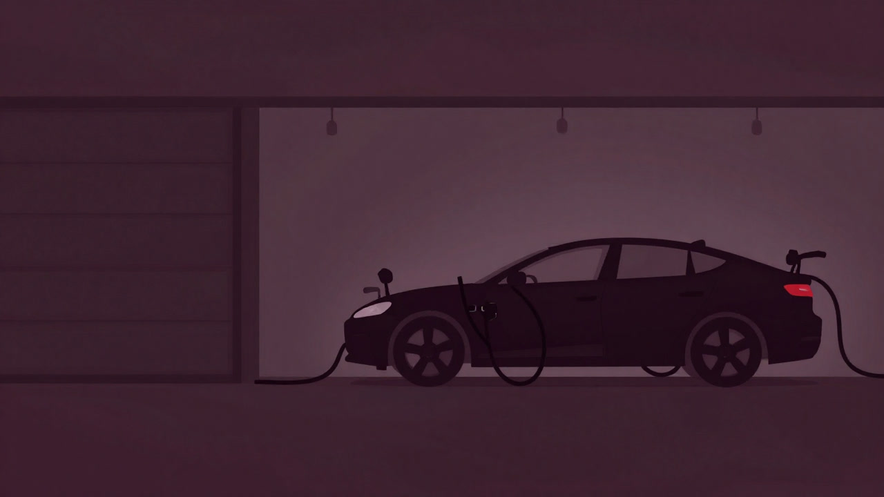 夜の暗いガレージで、ケーブルに絡まれ途方に暮れる電気自動車のシルエット
