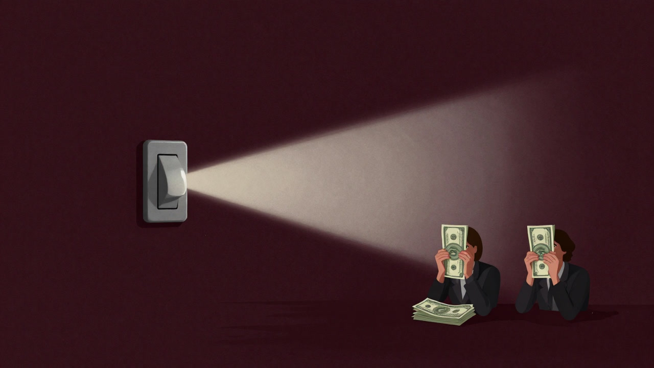 Illustration showing a beam of light slicing through darkness at a switch’s flip, while people cower behind frightened by bills.