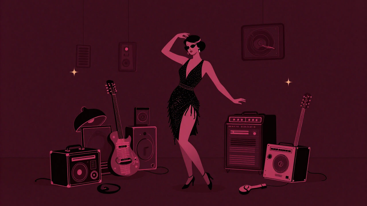 A 1920s dancer illuminated by neon lights dancing awkwardly with electronic gadgets