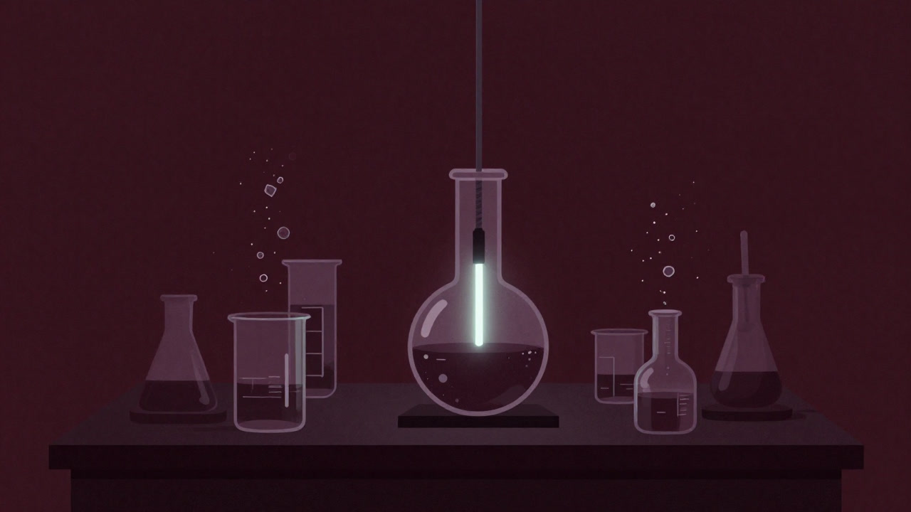 ビーカーと電極が怪しく光り、イオンのダンスが始まりそうな暗い実験室のイラスト