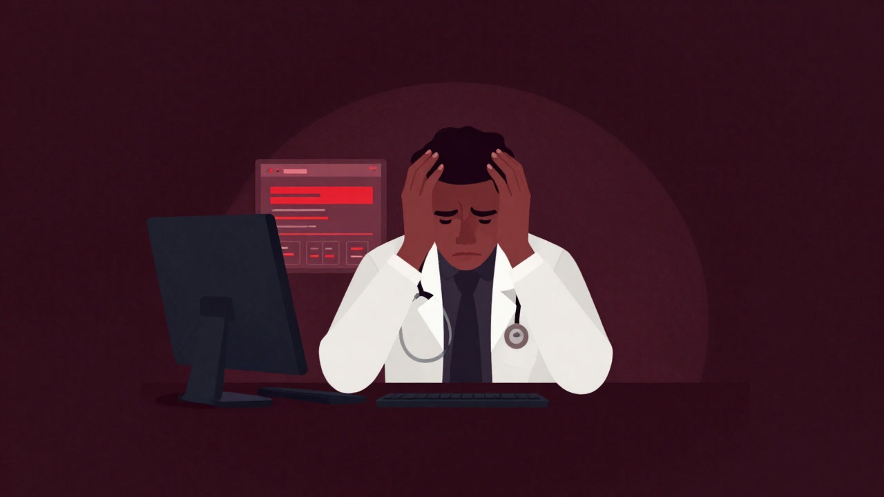 Illustration of a physician holding their head in frustration while the EHR screen displays a red error.