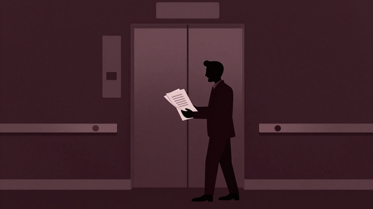 Silhouette of a businessman clutching presentation slides, desperately pitching inside a near-closing elevator