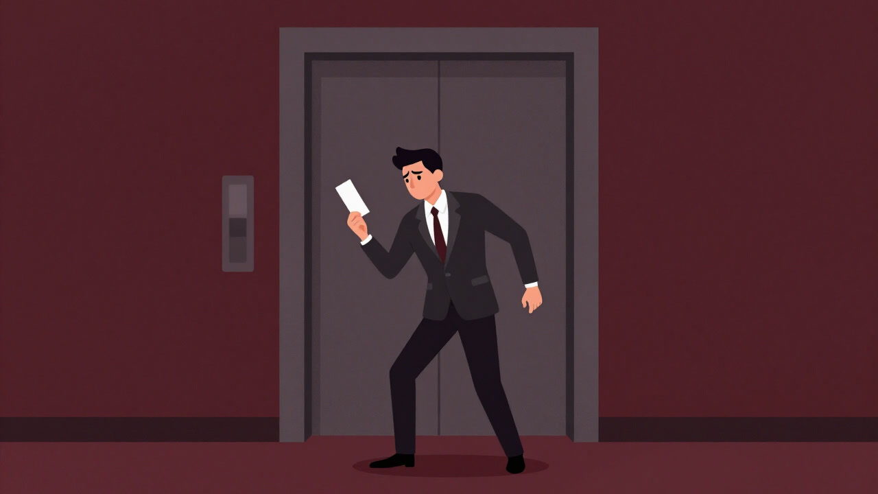 ビジネスパーソンが扉の前で緊張しながら台本をめくる姿をとらえたイラスト