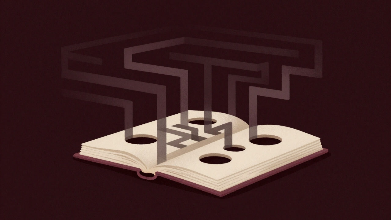 An image of a book with hole-filled pages casting a shadow that confuses the reader