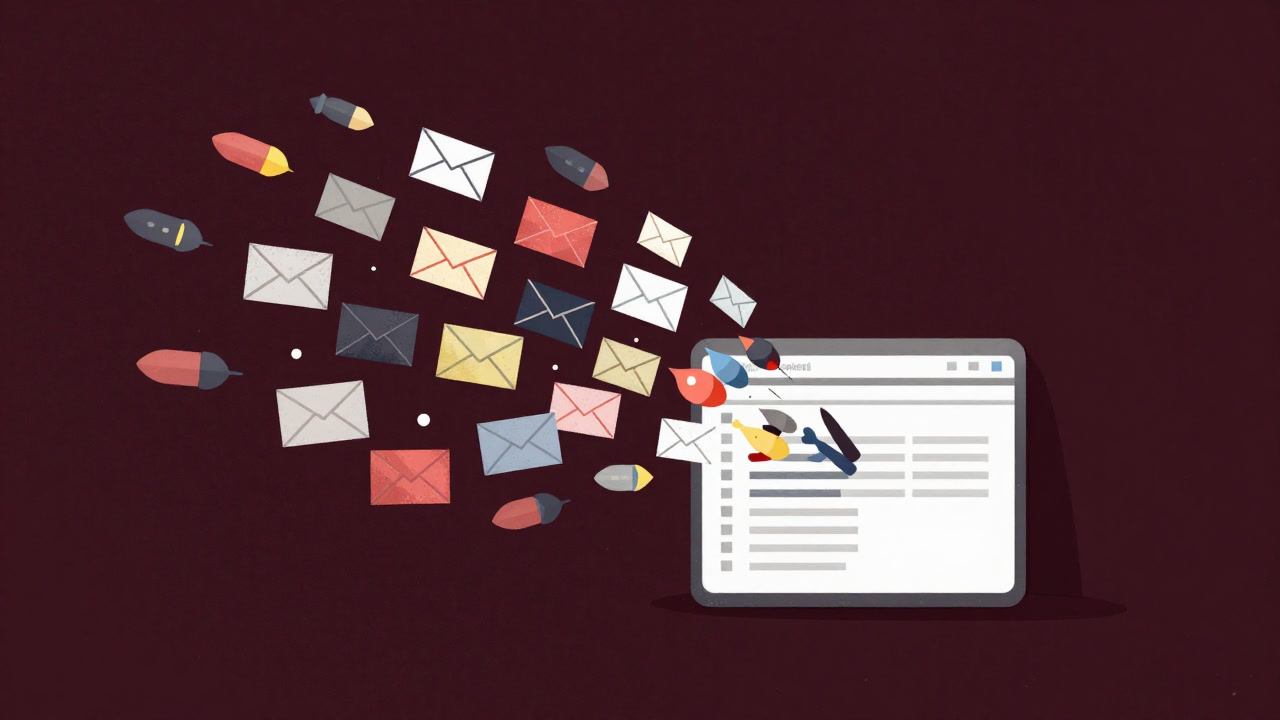 Illustration of an inbox being bombarded by a swarm of promotional emails