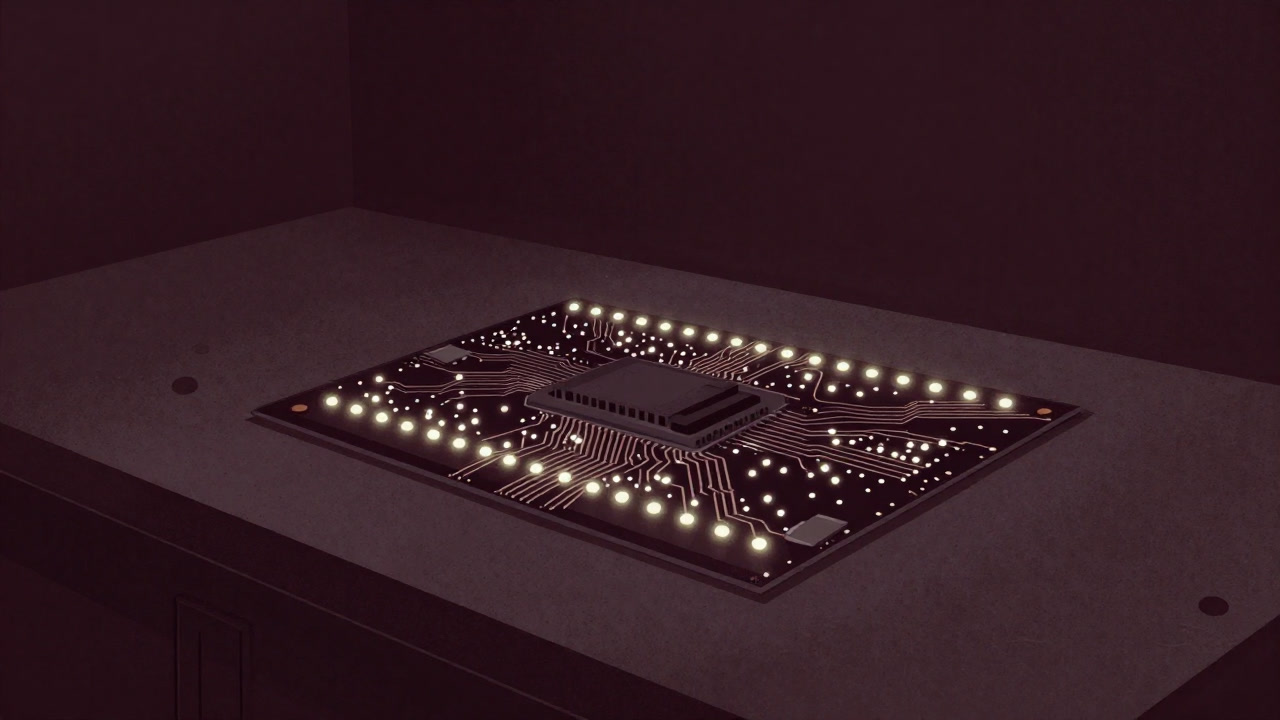 A printed circuit board with glowing LEDs silently shining in a dimly lit control panel