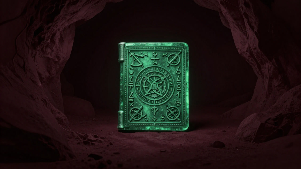 An image of a green-hued stone tablet carved with mysterious symbols, illuminated faintly in a dim cave.