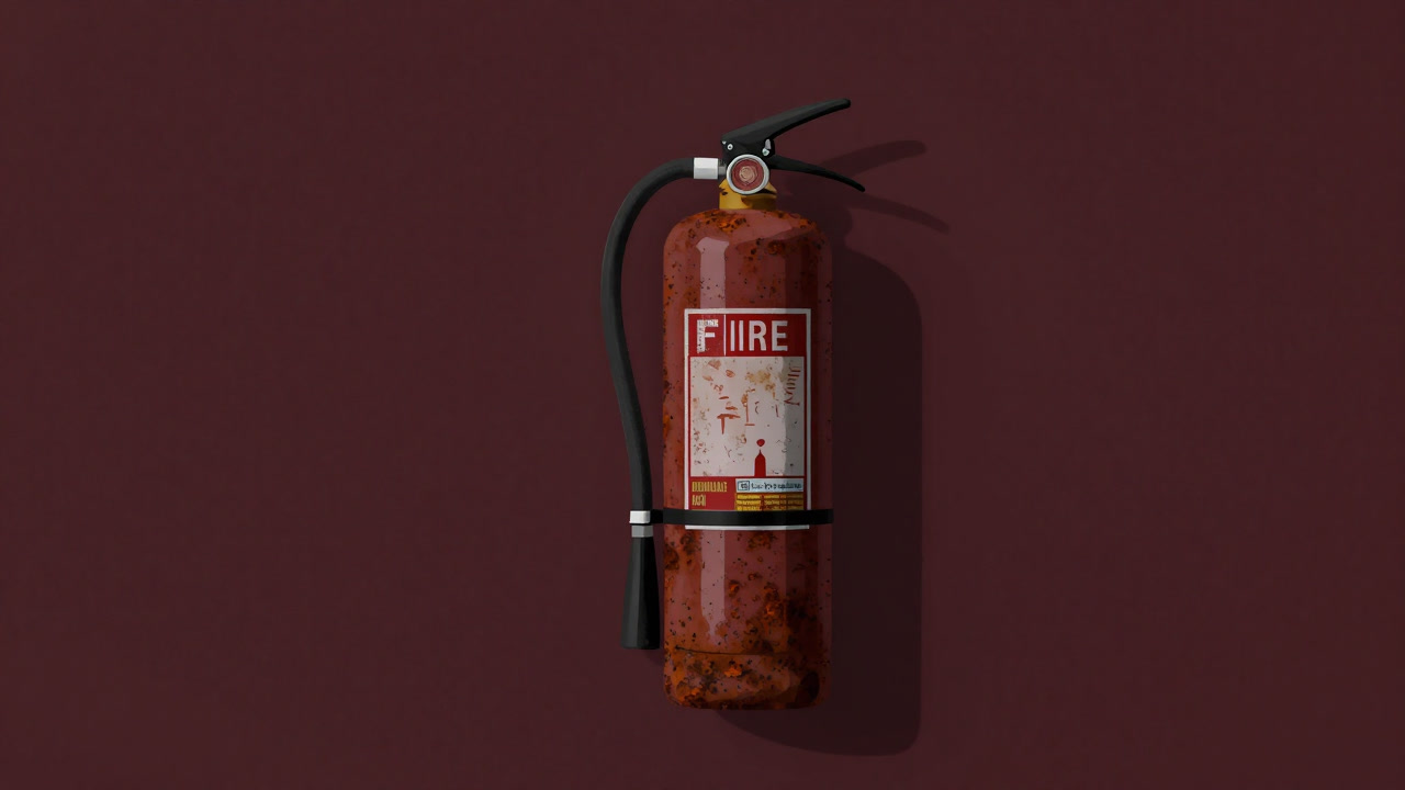 錆びた消火器の形をした金庫が壁に掛けられているイラスト