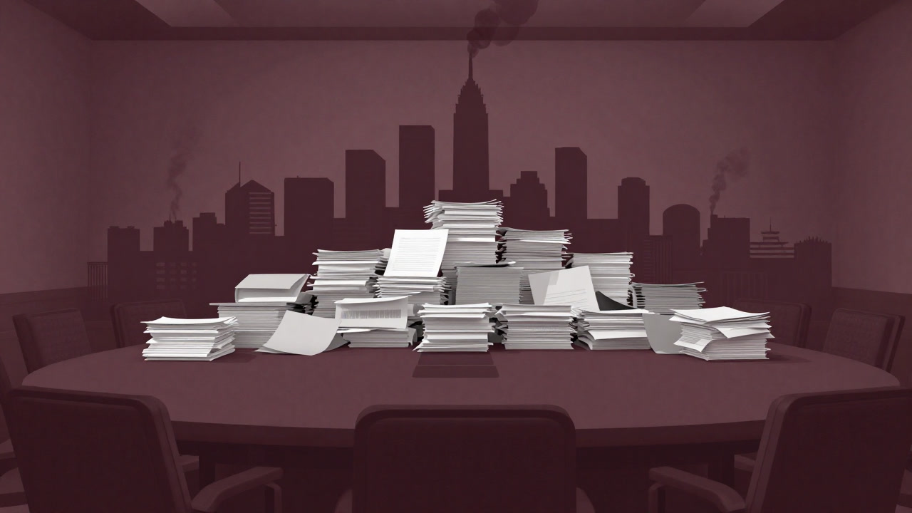 Image showing a towering pile of documents in a conference room contrasted with a cityscape with smoke in the distance