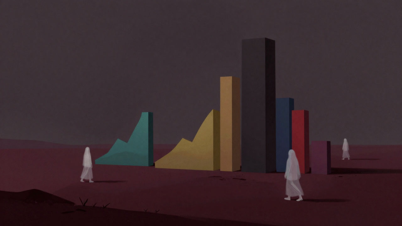 A desolate wasteland of colorful stock charts standing like tall monoliths, with ghostly investors roaming the ground, dreaming of high risk and high returns.