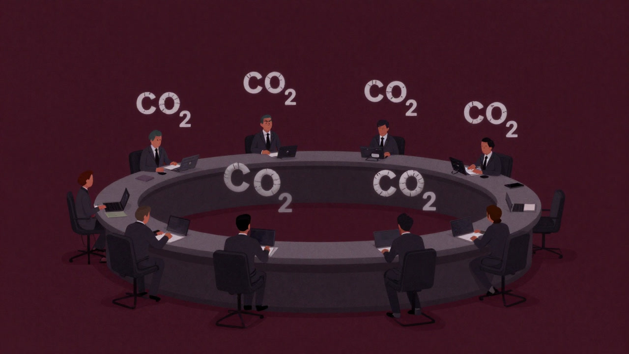 Illustration of a market where CO2 molecules blend with stock charts, trading while wearing an eco-friendly facade