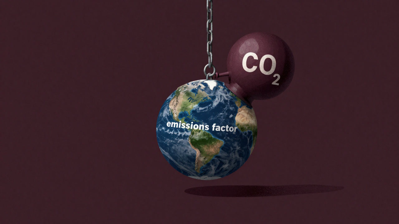 Surreal image of Earth chained to a giant CO2 molecule model with a weight labeled emissions factor
